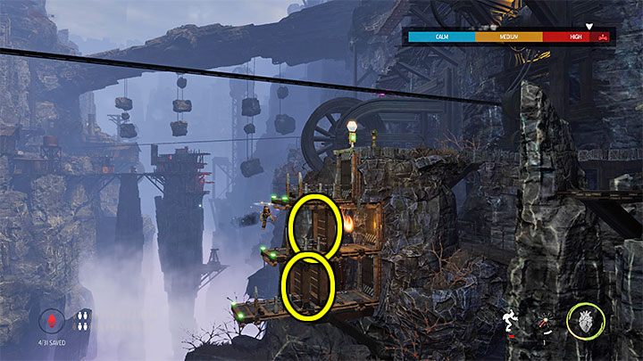 Once you defeat all of the other flying Sligs, direct the possessed enemy to destroy the two barricades marked in the screenshot (Abe isn't able to blow them up himself) - Oddworld Soulstorm: Stage 5 - all secrets, list - Oddworld Soulstorm Guide