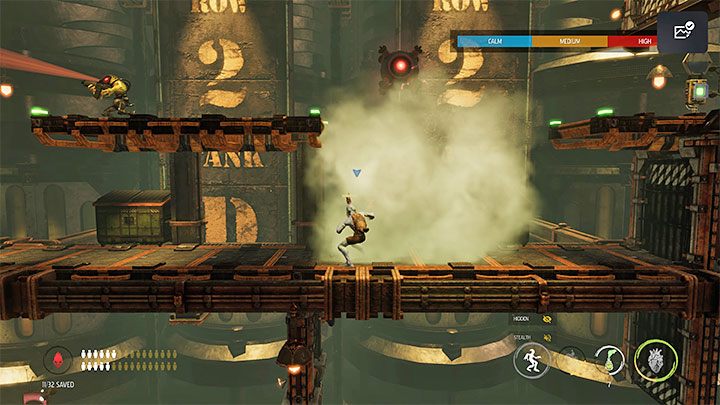 A slightly more difficult situation awaits us once we reach the location with two Sligs: one patrols the ground floor, the other is on the higher level - Oddworld Soulstorm: Crossing Tank Row 2D, Phat Station - walkthrough - 6: Phat Station - Oddworld Soulstorm Guide