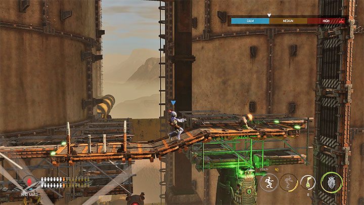 Leave the Sligs at the left end of the area with the opponents and move to the upper right platforms - Oddworld Soulstorm: Crossing the Tank Row 3D, Phat Station - walkthrough - 6: Phat Station - Oddworld Soulstorm Guide