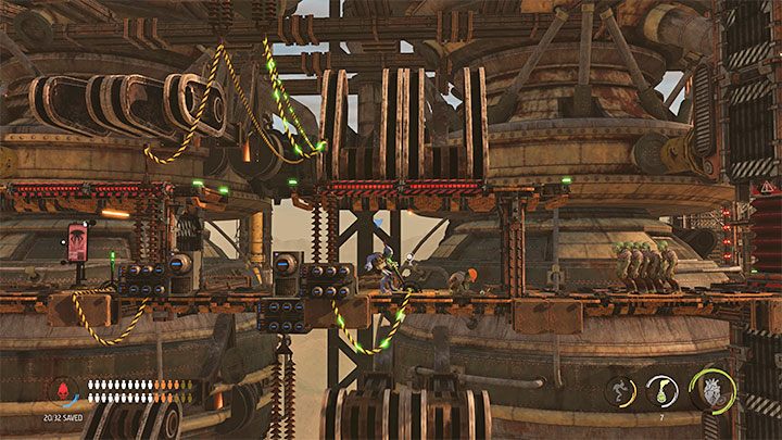 Head to the left while avoiding being crushed on the subsequent platforms and wait with the Mudokons at the right spots between the machines - Oddworld Soulstorm: Reaching the top of the Fueling Tower, Phat Station - walkthrough - 6: Phat Station - Oddworld Soulstorm Guide