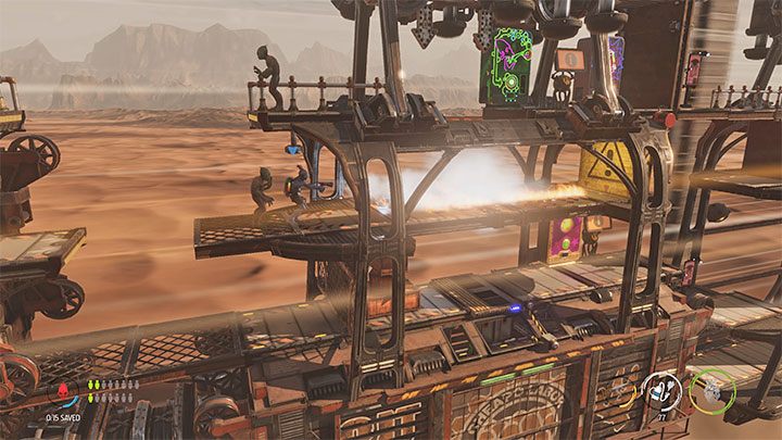 We can now choose a fire extinguisher from the inventory and use it to extinguish the fire - Oddworld Soulstorm: Freeing Mudokons from the cars, the Hijack - walkthrough - 7: The Hijack - Oddworld Soulstorm Guide