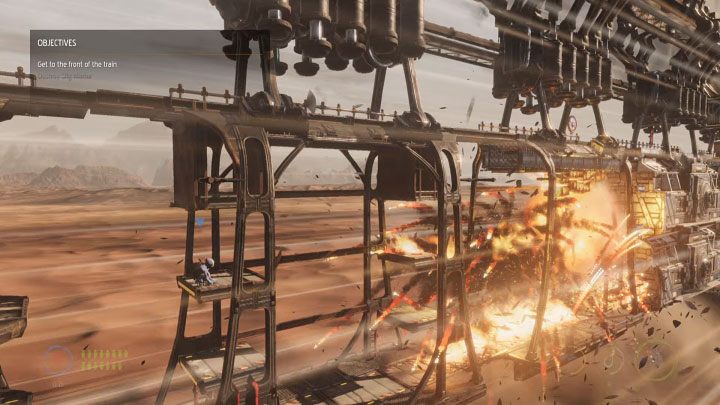 Once we notice that the propane tanks are on fire, it's time to retreat and wait for a big explosion to consume Slig Mama - Oddworld Soulstorm: Slig Mama, boss fight, The Hijack - walkthrough - 7: The Hijack - Oddworld Soulstorm Guide