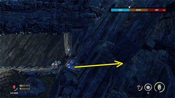 We stay in the location with the Mudokons and squeeze through the hole marked on the image - Oddworld Soulstorm: Holding Pen 10-6, Escape - guide - 13: Escape - Oddworld Soulstorm Guide