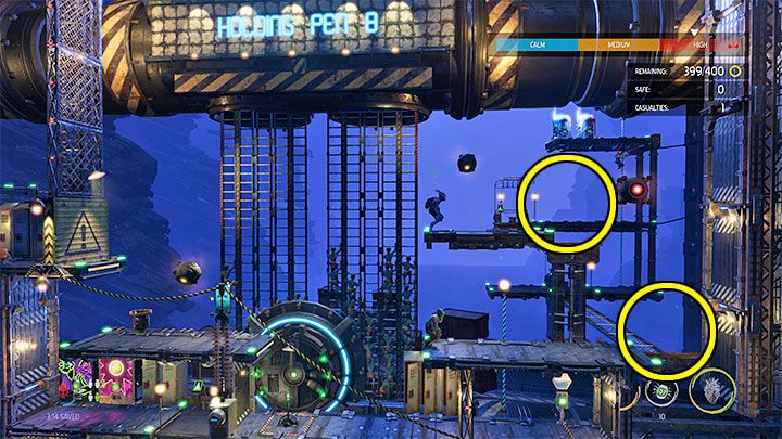 After pulling the lever, we will focus on the two areas on the right side, which we marked in the attached image - Oddworld Soulstorm: Holding Pen 10-6, Escape - guide - 13: Escape - Oddworld Soulstorm Guide