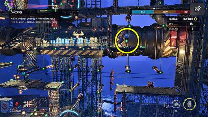 Abe needs to reach two places: first, the bottom lever (picture 1) and then, the top button (picture 2) - Oddworld Soulstorm: Holding Pen 10-6, Escape - guide - 13: Escape - Oddworld Soulstorm Guide