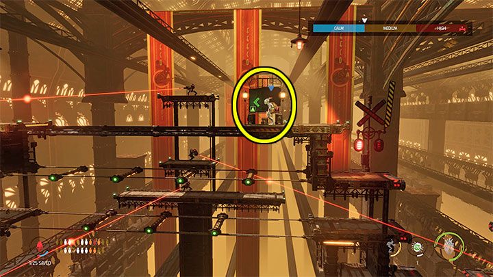 Your task is to reach the elevator marked in the picture, and on your way to it watch out for the sniper again - Oddworld Soulstorm: Going through Workzone 2, Feeco Depot - walkthrough - 14: Feeco Depot - Oddworld Soulstorm Guide