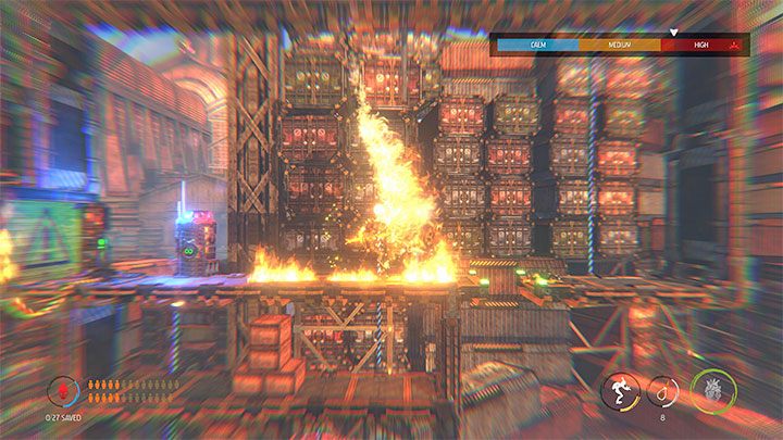 Go down the pole and approach the burning shelf - Oddworld Soulstorm: Reaching the Security Station by crane, The Yards - walkthrough - 15: The Yards - Oddworld Soulstorm Guide