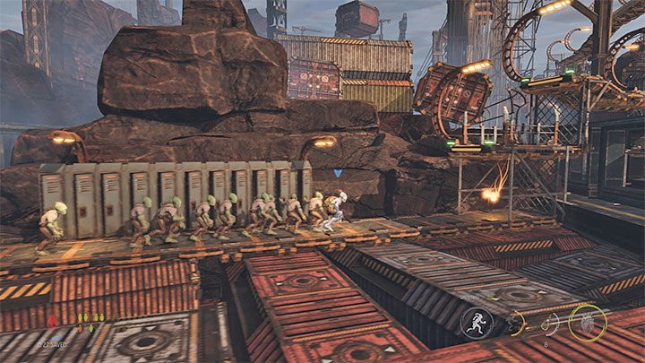 Soon, you will reach an area patrolled by the big smile machine - Oddworld Soulstorm: Reaching the Security Station by crane, The Yards - walkthrough - 15: The Yards - Oddworld Soulstorm Guide