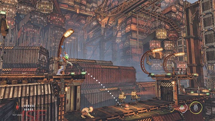 Return to the elevator area and head to the right this time - Oddworld Soulstorm: Crossing The Gantry Channel, The Yards - walkthrough - 15: The Yards - Oddworld Soulstorm Guide