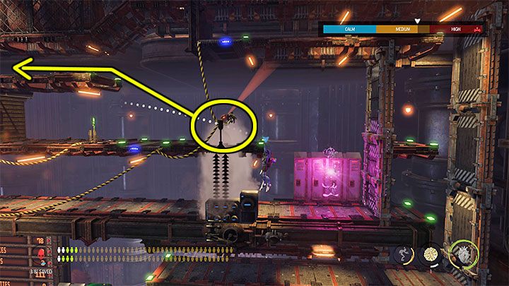 We go to the right and roll under the partially raised gate when it is safe to do so - Oddworld Soulstorm: Opening the 1st and the 2nd gate, Brewery - walkthrough - 16: Brewery - Oddworld Soulstorm Guide
