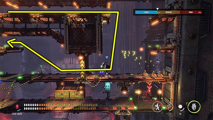On the new floor, leave the Mudokons next to the elevator and sneak to the left - Oddworld Soulstorm: Opening the 1st and the 2nd gate, Brewery - walkthrough - 16: Brewery - Oddworld Soulstorm Guide