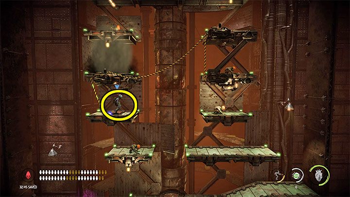 Saving the Mudokons from the Secret Area is not easy, because the Sligs from the background are shooting at you quite heavily and can easily kill Abe and other Mudokons if you leave your cover for a longer while - Oddworld Soulstorm: Furnace, Slig Barracks - walkthrough - 9: Slig Barracks - Oddworld Soulstorm Guide