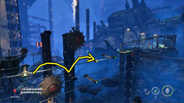 Again, you have to avoid contact with large spinning mechanisms, and in this case, the solution is double jumps - Oddworld Soulstorm: Descending to the Bone Processing, Necrum - walkthrough - 10: Necrum - Oddworld Soulstorm Guide