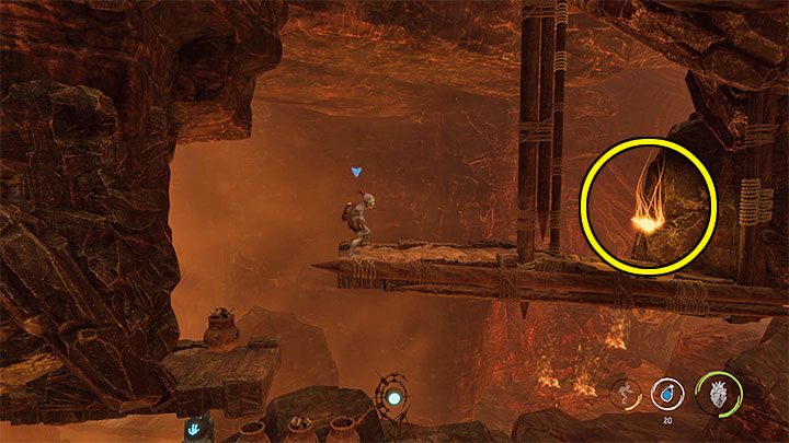 Before going down the extinguished path, you may want to jump to the upper platforms, namely those located above the checkpoint - Oddworld Soulstorm: Escape from the burning cave, The Raid on Monsaic - walkthrough - 1: The Raid on Monsaic - Oddworld Soulstorm Guide