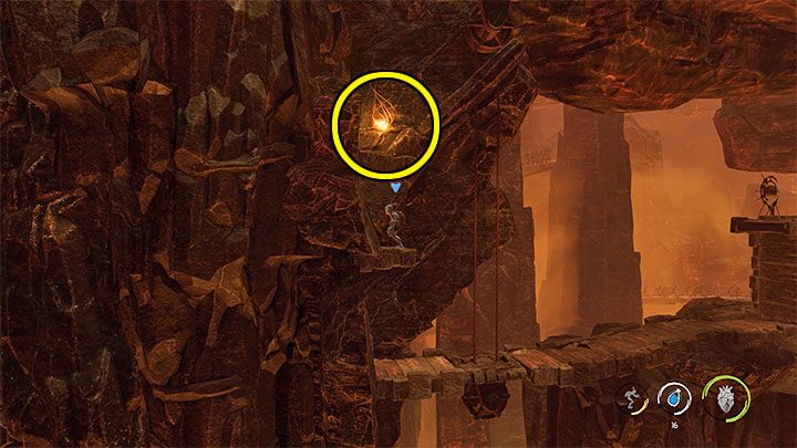 Stay where the elevator took you and jump to the ledges on the left - Oddworld Soulstorm: Escape from the burning cave, The Raid on Monsaic - walkthrough - 1: The Raid on Monsaic - Oddworld Soulstorm Guide