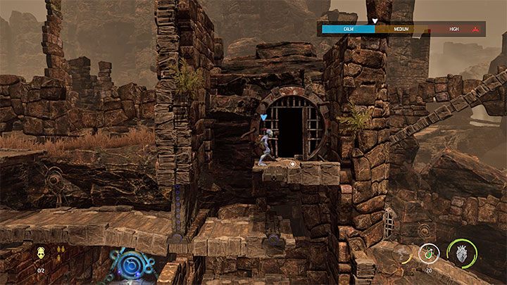 Once you reach the bell, send the Chi Orb towards it to unlock the passage - Oddworld Soulstorm: Freeing pinned-down Mudokons, The Ruins - walkthrough - 2: The Ruins - Oddworld Soulstorm Guide