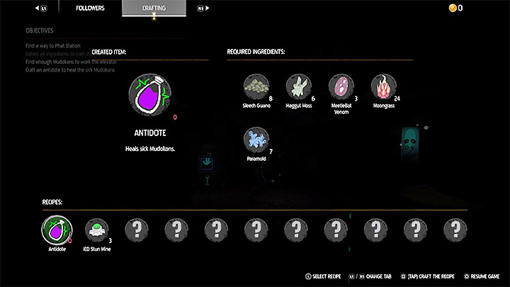 We press Triangle to bring up the crafting window - Oddworld Soulstorm: Collecting antidote ingredients, the Funicular - walkthrough - 4: The Funicular - Oddworld Soulstorm Guide