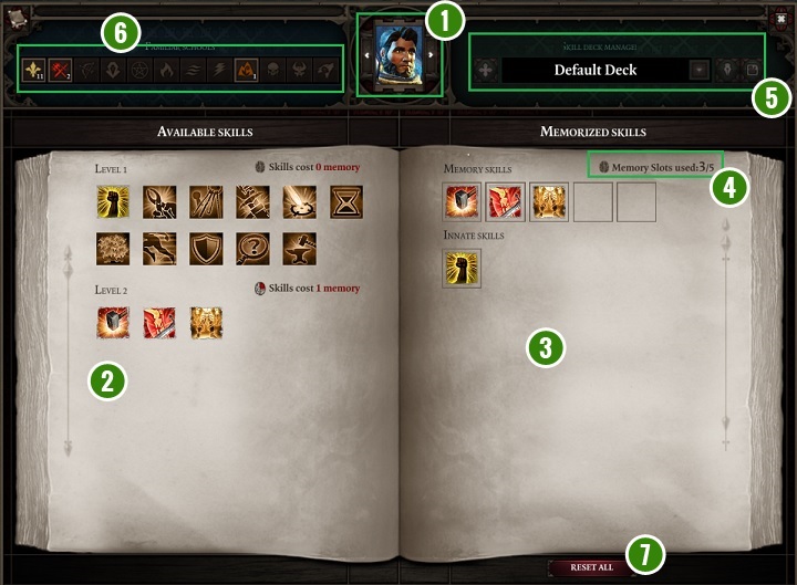 The above panel allows for managing the available skills for the currently chosen hero - Game Interface | Basics - Basics - Divinity: Original Sin II Game Guide