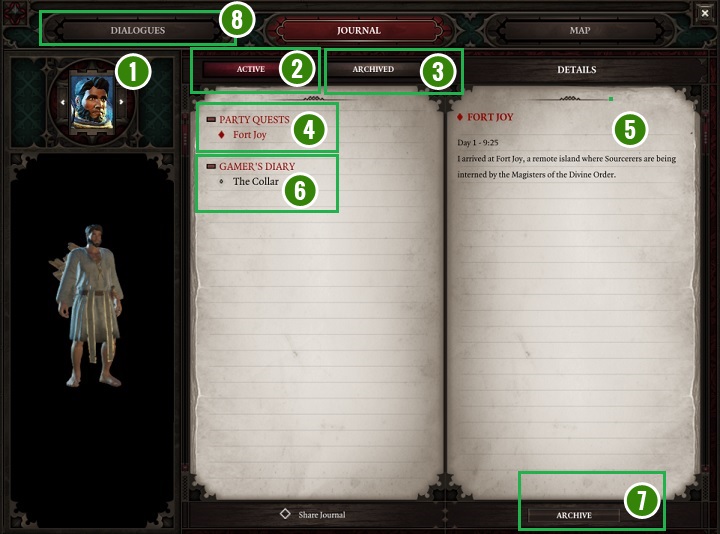The above screenshot shows the journal contents of the individual hero - Game Interface | Basics - Basics - Divinity: Original Sin II Game Guide