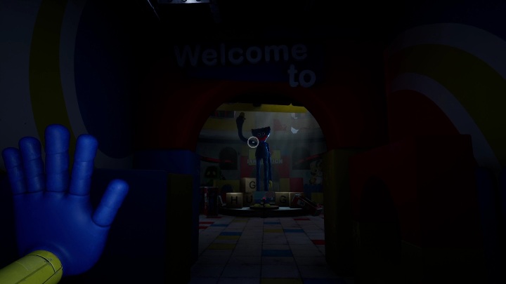 In the middle of the hall, you will see the main monster for the first time in this chapter - Poppy Playtime: Blue hand - walkthrough - Chapter 1 - Poppy Playtime Guide, Walkthrough