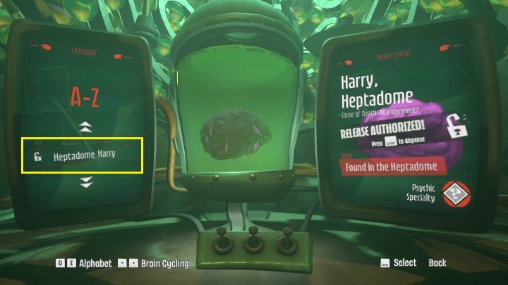 When you get to the machine, you have to select "Unprocessed Minds" and then find "Heptadome Harry" - Psychonauts 2: PSI Kings Sensorium - walkthrough - Walkthrough - Psychonauts 2 Guide