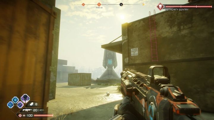 This Authority Sentry is between the buildings - Authority Sentries in Sekreto Wetlands - Rage 2 - Authority Sentry - Rage 2 Guide