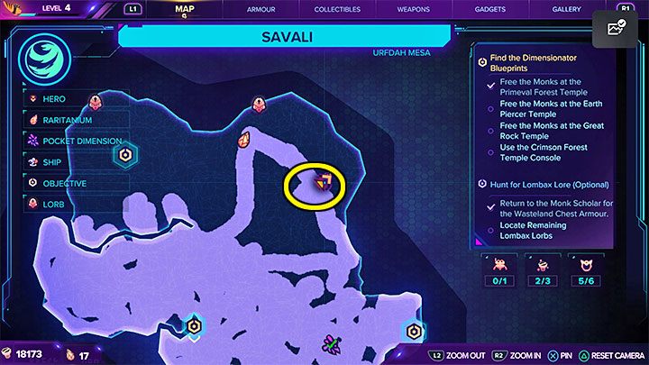 Reach the area in the above pictures located south of the Spybot icon - Ratchet & Clank Rift Apart: Savali - collectibles, list of all, map - Secrets and Collectibles - Ratchet & Clank Rift Apart Guide