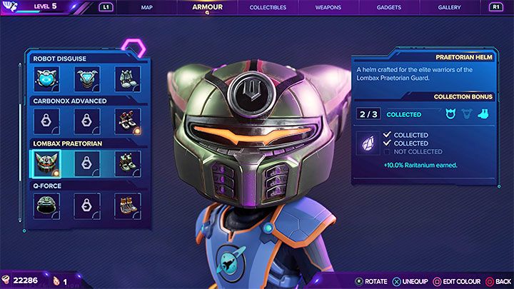 The Lombax Praetorian set pieces increase the amount of Raritanium you collect - Ratchet & Clank Rift Apart: Torren IV - collectibles, list of all, map - Secrets and Collectibles - Ratchet & Clank Rift Apart Guide