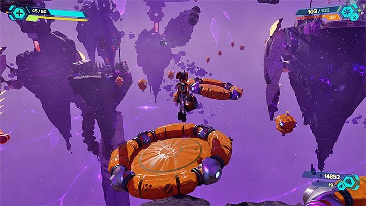 You need to overcome a rather challenging obstacle course in the Pocket Dimension, where you have to primarily bounce off pontoons and avoid falling into the abyss - Ratchet & Clank Rift Apart: Cordelion - list of all collectibles, map - Secrets and Collectibles - Ratchet & Clank Rift Apart Guide