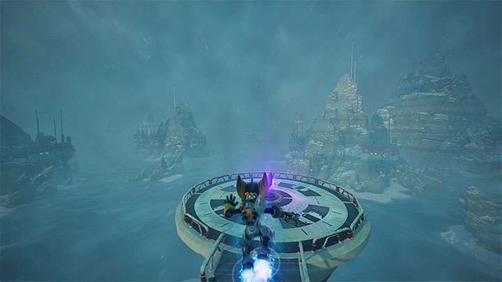 Gain a lot of speed with the Hoverboots in order to jump from the central platform towards the round one and fly towards it - Ratchet & Clank Rift Apart: Cordelion - list of all collectibles, map - Secrets and Collectibles - Ratchet & Clank Rift Apart Guide