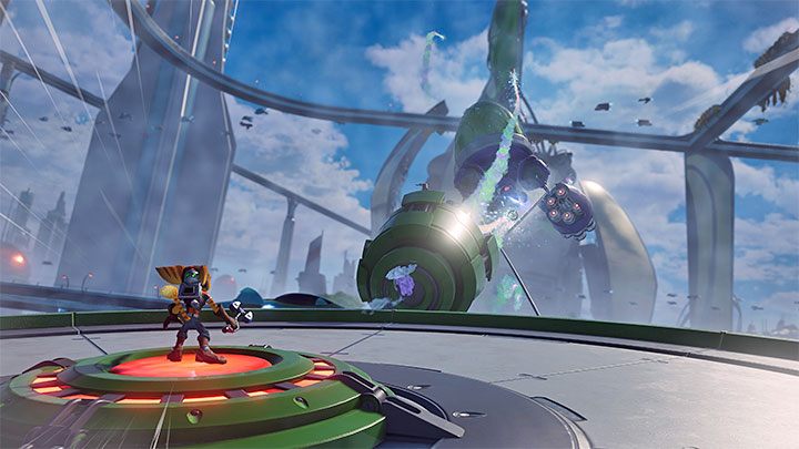 After a short cut-scene, deal with the thugs and reach the place with the red button - Ratchet & Clank Rift Apart: Pursue Dr. Nefarious - walkthrough - Prologue - Corson V - Ratchet & Clank Rift Apart Guide