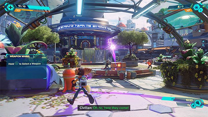 Shortly after you make your first purchase, an enemy landing craft will appear in the area, and a group of opponents will get out of it - Ratchet & Clank Rift Apart: Pursue Dr. Nefarious - walkthrough - Prologue - Corson V - Ratchet & Clank Rift Apart Guide