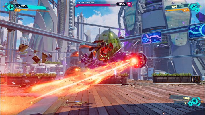 Nefarious' most formidable attack is firing a large laser that initially shoots only in a horizontal line - Ratchet & Clank Rift Apart: Pursue Dr. Nefarious - walkthrough - Prologue - Corson V - Ratchet & Clank Rift Apart Guide