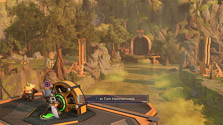 After the battles, investigate the crank use area shown in the screenshot - Ratchet & Clank Rift Apart: Investigate the Dimensional Anomaly, Rivets Hideout - walkthrough - Sargasso - Ratchet & Clank Rift Apart Guide