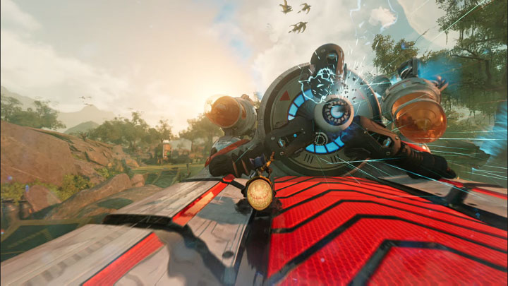 After a successful landing, do not let go of the afterburner button, but bring it to hit the circular flight stabilizer located at the very end of the path with red arrows with great force - Ratchet & Clank Rift Apart: Defeat Seekerpede and leave the planet - walkthrough - Sargasso - Ratchet & Clank Rift Apart Guide