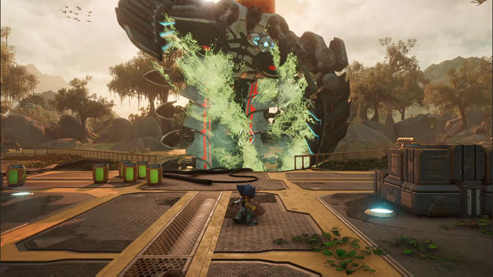 The actual duel with Seekerpede takes place on a medium-sized metal platform - Ratchet & Clank Rift Apart: Defeat Seekerpede and leave the planet - walkthrough - Sargasso - Ratchet & Clank Rift Apart Guide