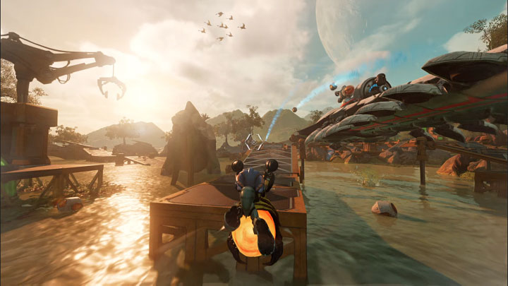 During the chase, ride the two ramps with the afterburner on and after a long flight, land on the back of the boss again - Ratchet & Clank Rift Apart: Defeat Seekerpede and leave the planet - walkthrough - Sargasso - Ratchet & Clank Rift Apart Guide