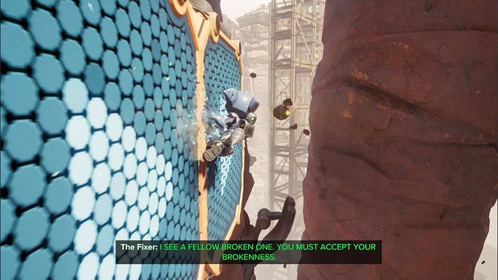 Soon you will have to run along the wall again, but you will also need to grab onto the hook with the hurlshot - Ratchet & Clank Rift Apart: Run away from Fixer - walkthrough - Torren IV - Ratchet & Clank Rift Apart Guide