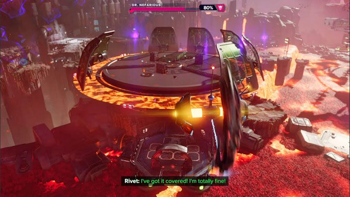 The first phase of the battle against Dr - Ratchet & Clank Rift Apart: Meet Ratchet in Gastropub - walkthrough - Scarst debris cloud - back - Ratchet & Clank Rift Apart Guide