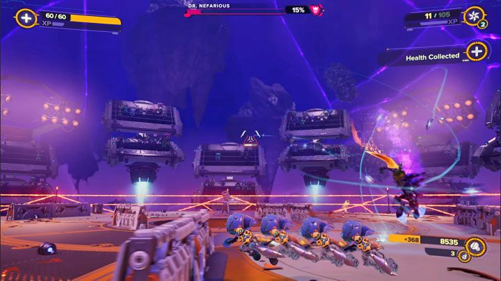 During battles, again watch out for red boxes, which can be a convenience (weakening bosses and surrounding enemies) or a hindrance (accidentally detonating near Rivet) - Ratchet & Clank Rift Apart: Meet Ratchet in Gastropub - walkthrough - Scarst debris cloud - back - Ratchet & Clank Rift Apart Guide