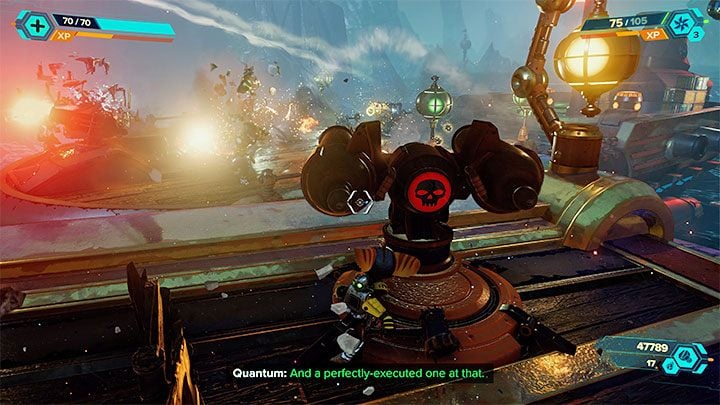 You will get the next mission objective after a larger enemy ship appears - it will start shooting Plunder Beam - Ratchet & Clank Rift Apart: Protect Captain Quantum - walkthrough - Ardolis - Ratchet & Clank Rift Apart Guide