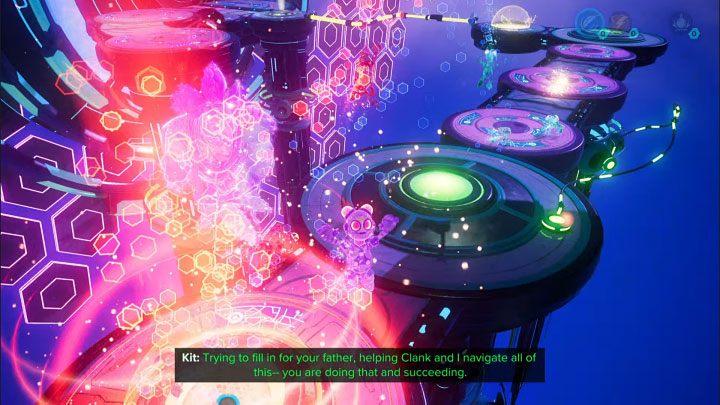 Select the lift sphere from your inventory and throw it at the slot shown in picture 1, which is in the path of the projections - Ratchet & Clank Rift Apart: Protecting Morts and freeing Seekerpede - walkthrough - Return to Sargasso - Ratchet & Clank Rift Apart Guide