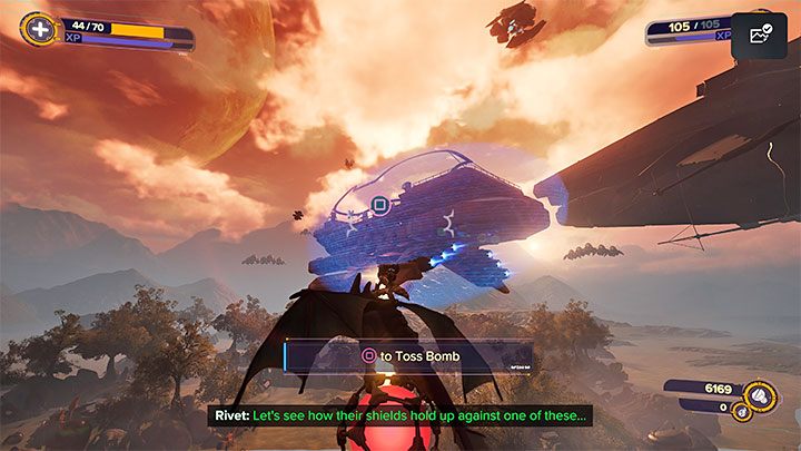 After picking up a bomb, start flying towards any enemy ship with an active force field - Ratchet & Clank Rift Apart: Destroy Nefarious ships - walkthrough - Return to Sargasso - Ratchet & Clank Rift Apart Guide