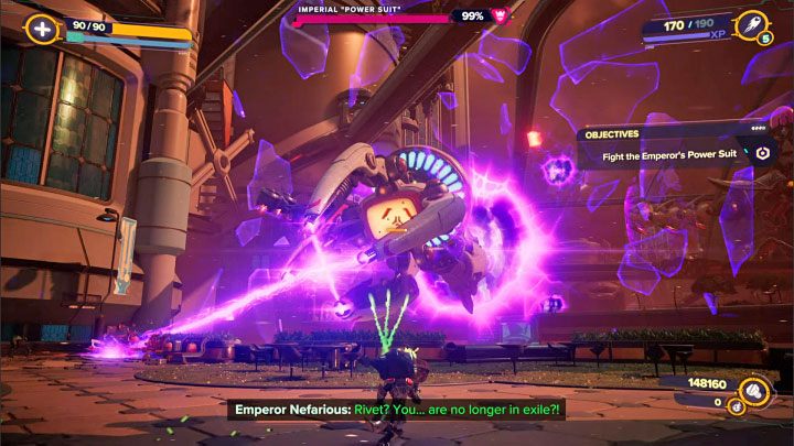 In the first part of the final battle, you will have to defeat the Imperial Power Suit - Ratchet & Clank Rift Apart: Begin the finale and defeat the final boss - walkthrough - Final confrontation - Ratchet & Clank Rift Apart Guide