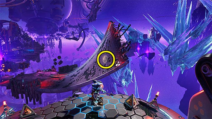 Hit the new blizon crystal in this room to return to the dimension after the cataclysm - Ratchet & Clank Rift Apart: Overriding the lockdown and getting to the Miners - walkthrough - Blizar Prime - Ratchet & Clank Rift Apart Guide