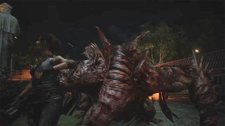 You have to be careful, because Nemesis will end with a long jump from the roof of one of the buildings - Resident Evil 3: Nemesis - Clock Tower Plaza boss fight - Nemesis boss fights - Resident Evil 3 Guide