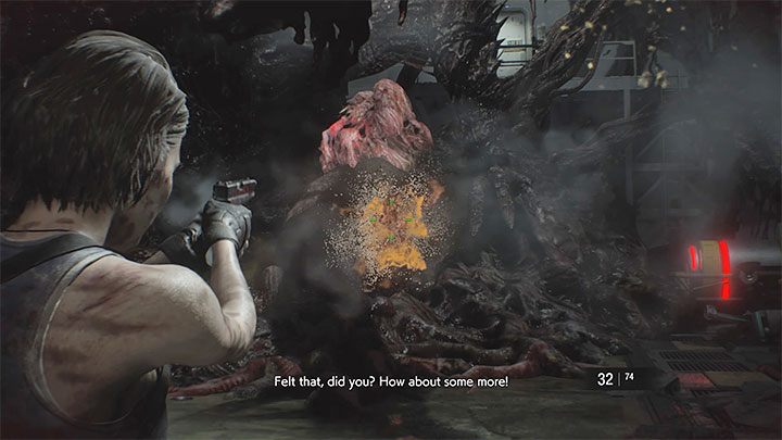 Your job is to shoot at the cysts that appear on the bosss body - Resident Evil 3: Nemesis - final boss fight - Nemesis boss fights - Resident Evil 3 Guide