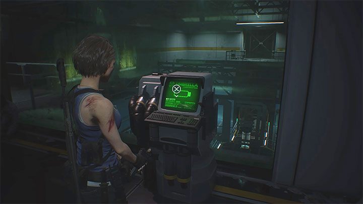 Erreichen Sie den Laborraum auf Ebene 2F und interagieren Sie mit dem im Bild gezeigten Computer, um ein Flash-Laufwerk zu erhalten – Resident Evil 3: Elektronische Schlösser – wie man sie öffnet – FAQ – Resident Evil 3 Guide