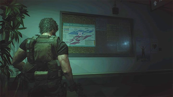 In the north-western corner of the main corridor you will find a notice board with a Hospital Map attached to it - Resident Evil 3: Hospital - Carlos walkthrough - Story walkthrough - Resident Evil 3 Guide