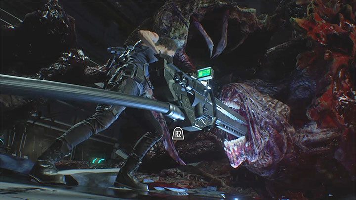 Es gibt eine sehr einfache QTE: Kippen Sie zuerst den Analogstick nach oben, um die Railgun in den Mund von Nemesis zu platzieren, und drücken Sie dann R2/den rechten Abzug, um den letzten dritten Schuss abzufeuern – Resident Evil 3: Komplettlösung für das letzte Duell mit Nemesis – Komplettlösung für die Geschichte – Resident Evil 3 Leitfaden